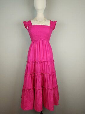 Anthropologie Kourt Calypso Maxi Dress in Magenta Hot Pink Tiered Ruffled Skirt